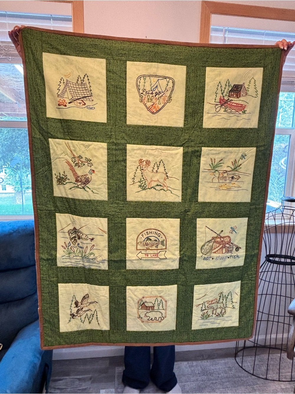 Handmade and Hand Embroidered Green & Cream Cabin-Themed Quilt 38x50